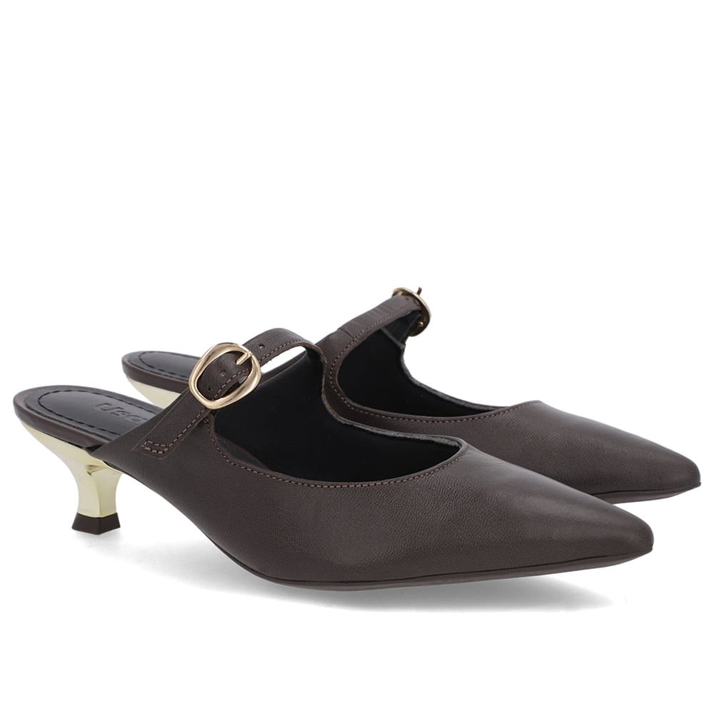 Mule Marrom Couro Salto Kitten Tira Marrom 2