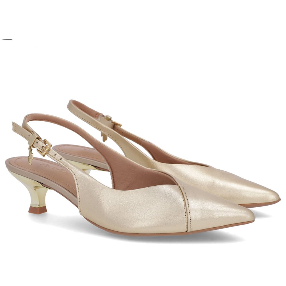 Slingback Dourado Salto Kitten Semi Aberto Couro Dourado 2