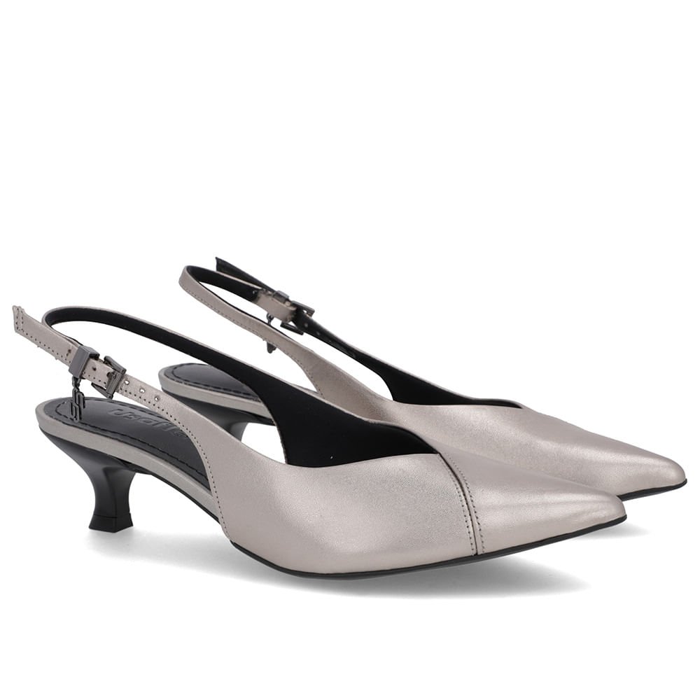 Slingback Aço Salto Kitten Semi Aberto Couro Cinza 2