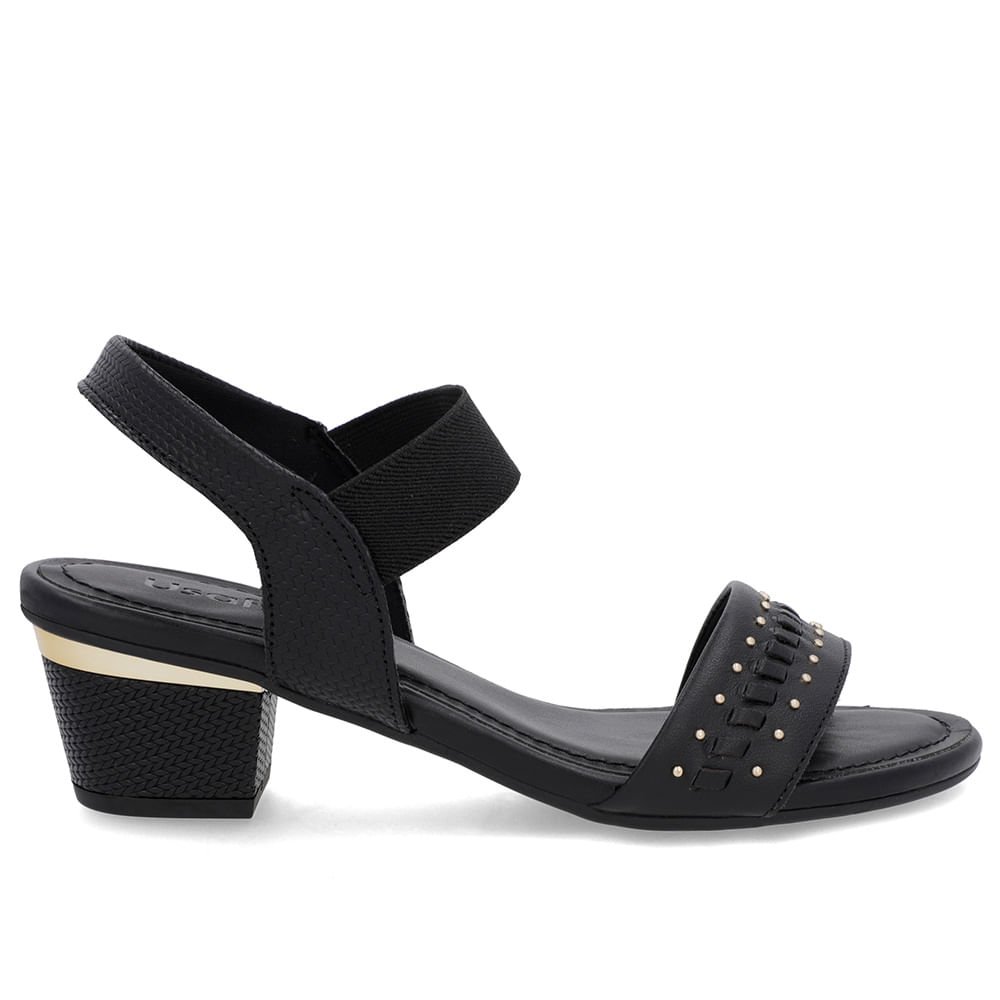 Sandália Preta Couro Salto Bloco Detalhe Salto