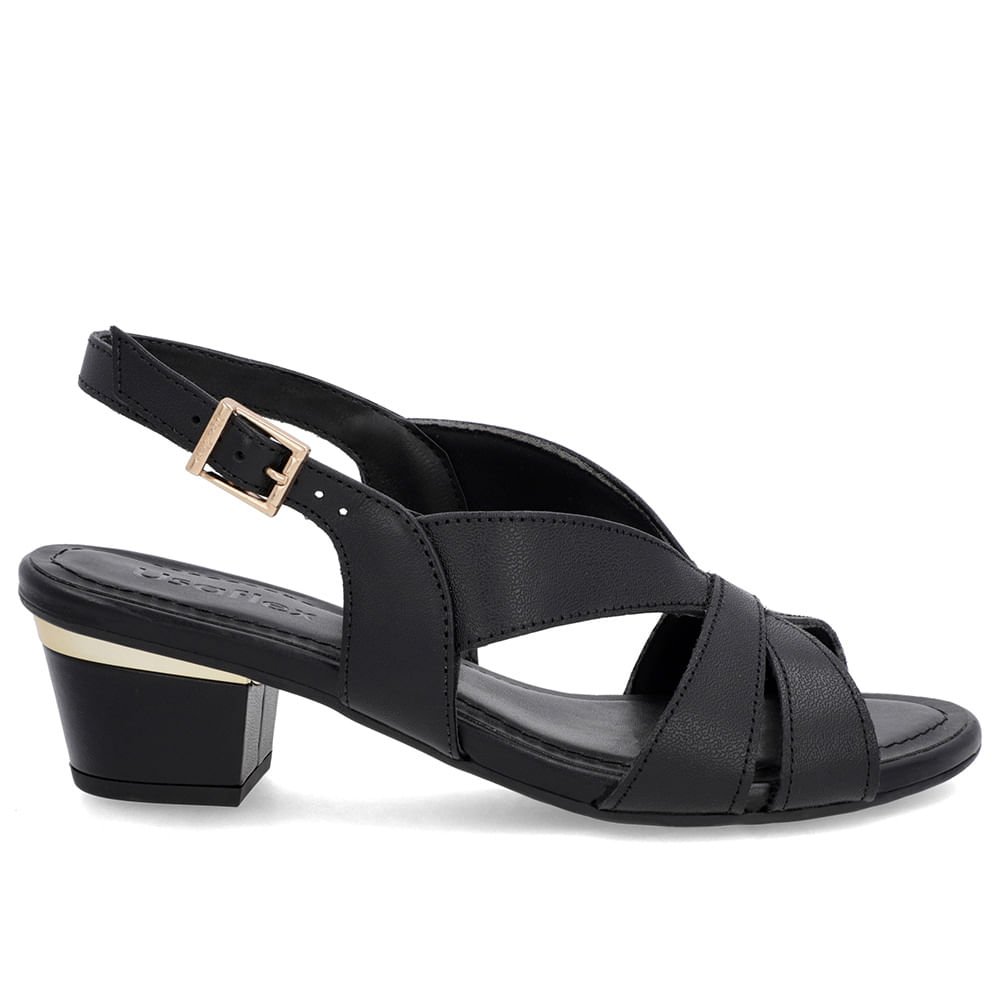 Sandália Couro Preta Detalhe Dourado