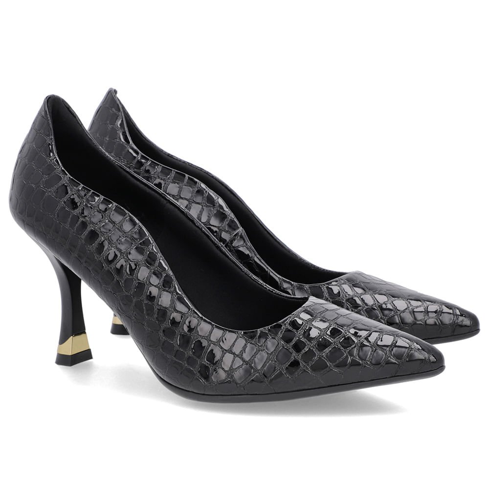 Scarpin Preto Couro Croco Bico Fino Detalhe Recorte Preto 2