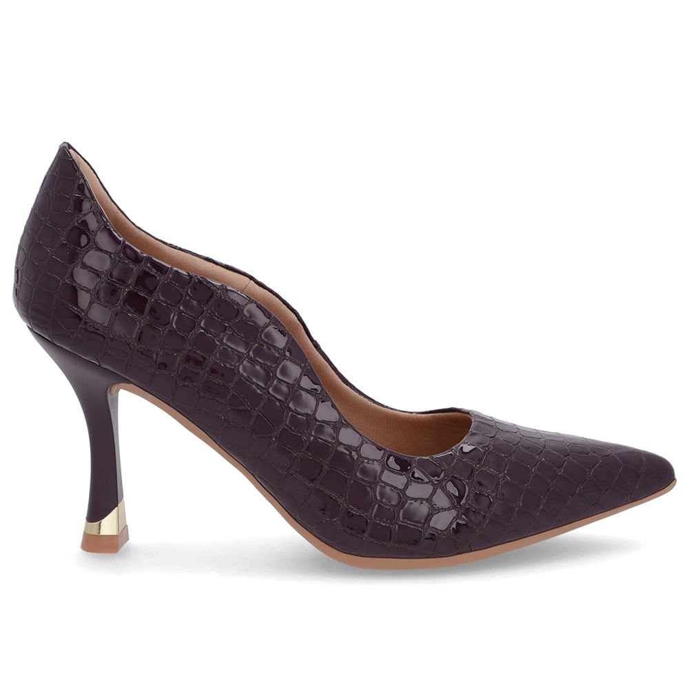 Scarpin Roxo Couro Bico Croco Fino Detalhe Recorte
