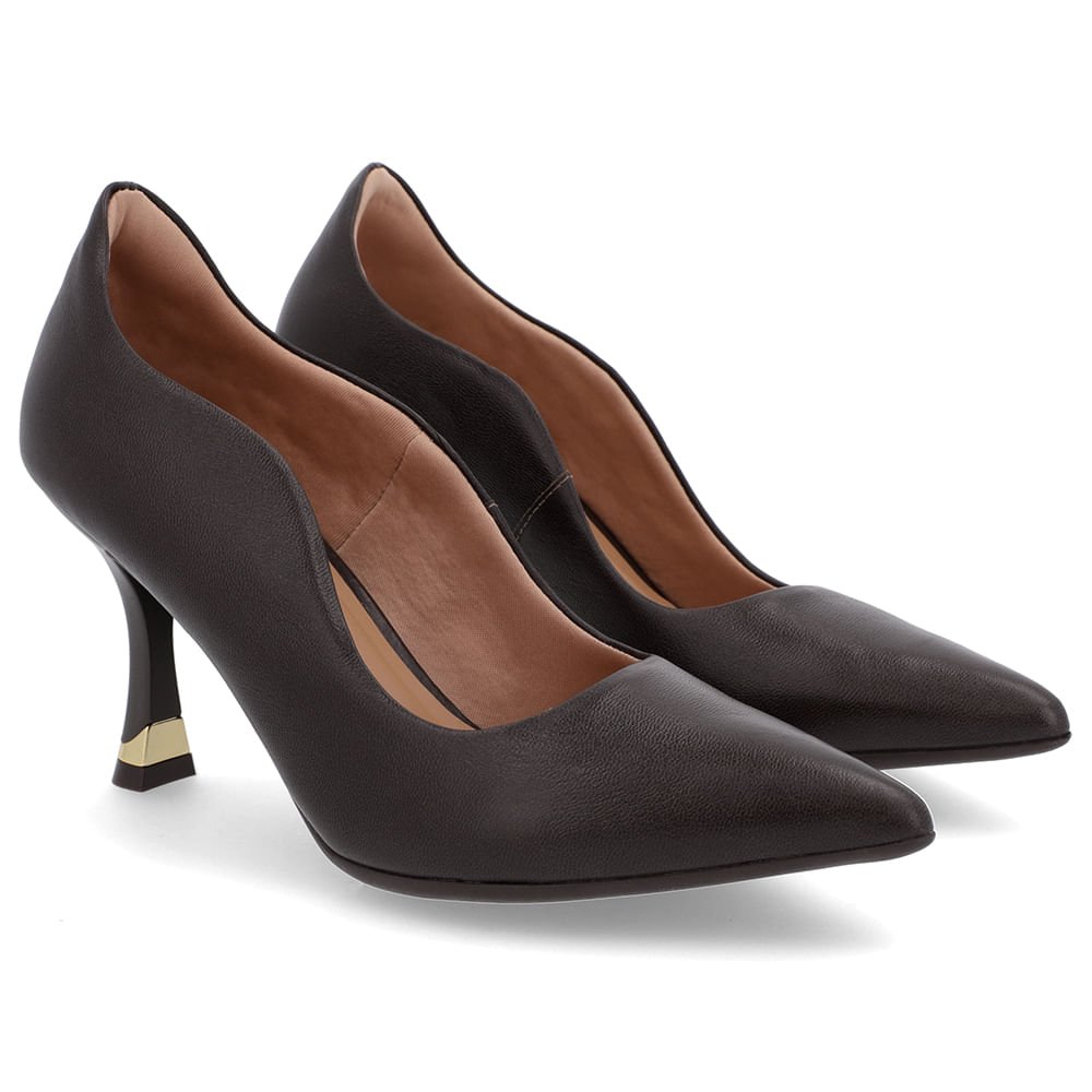 Scarpin Marrom Couro Bico Fino Detalhe Recorte Marrom 2