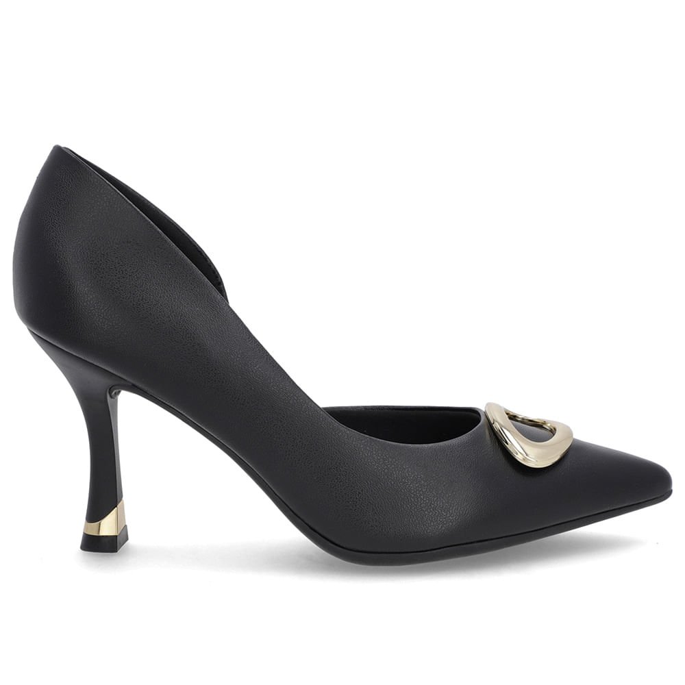Scarpin Preto Couro Bico Fino Detalhe Salto
