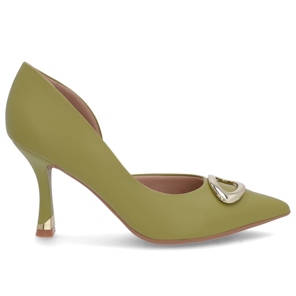 Scarpin Verde Couro Bico Fino Detalhe Salto