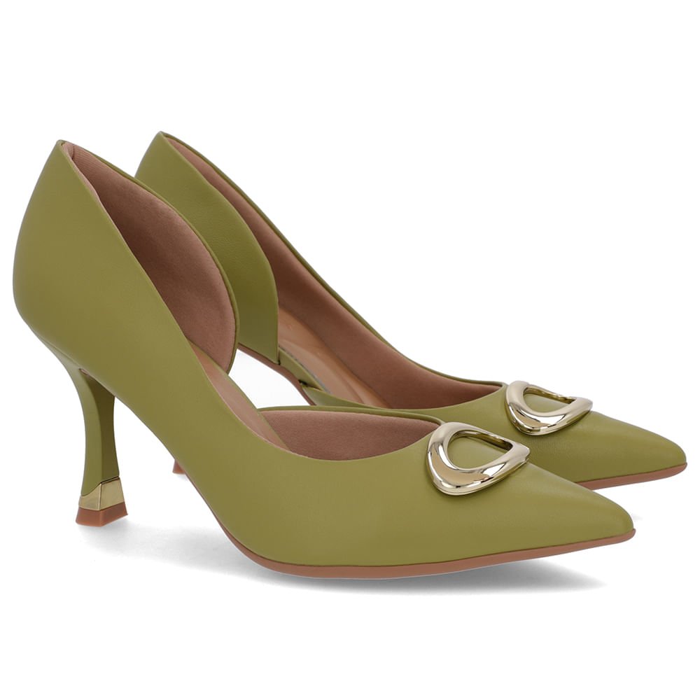 Scarpin Verde Couro Bico Fino Detalhe Salto Verde 2
