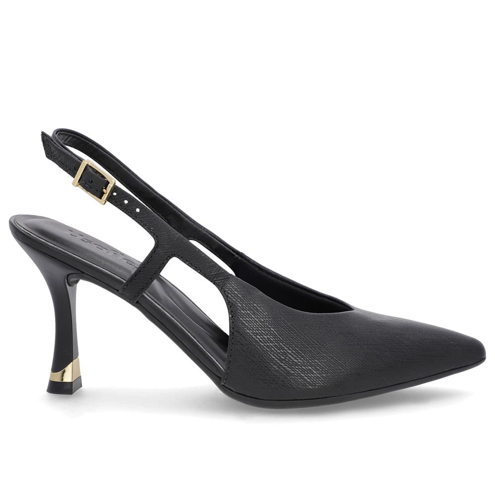 Slingback Preto Tira Lateral Couro Textura