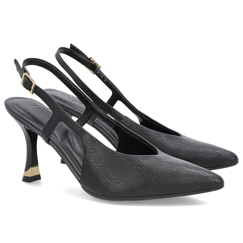 Slingback Preto Tira Lateral Couro Textura Preto 2