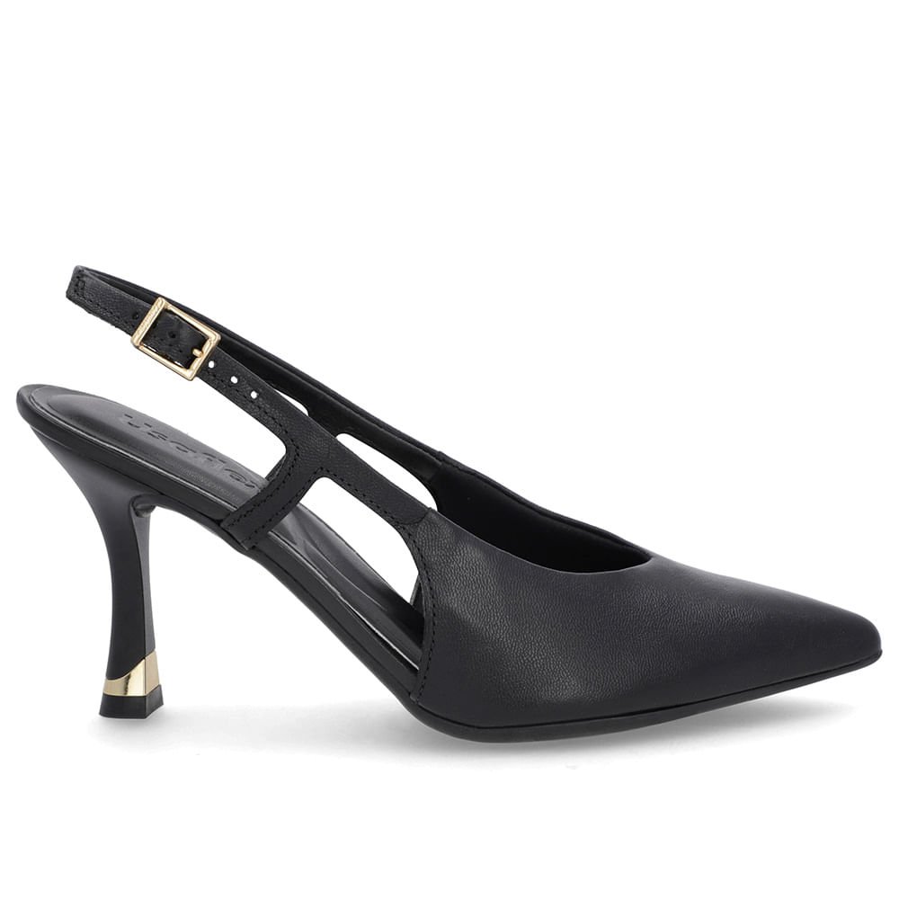 Slingback Preto Tira Lateral Couro Liso