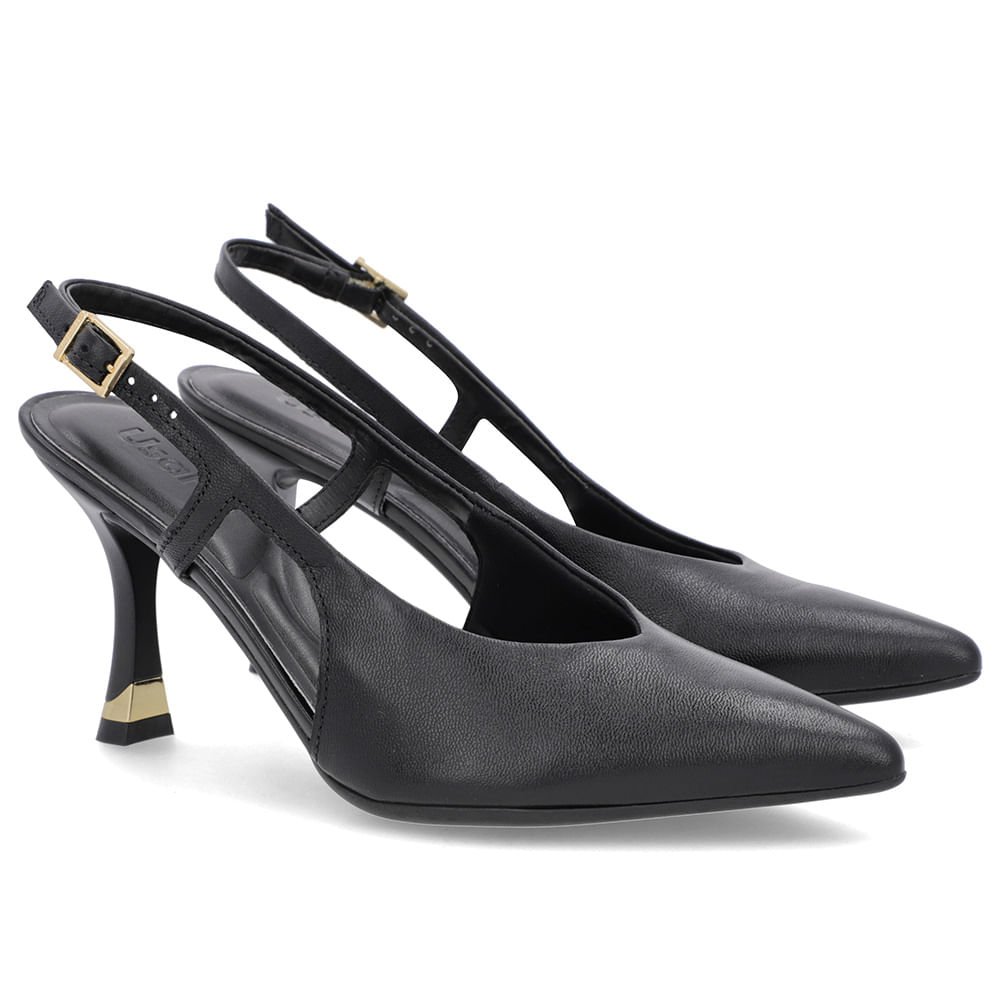 Slingback Preto Tira Lateral Couro Liso Preto 2