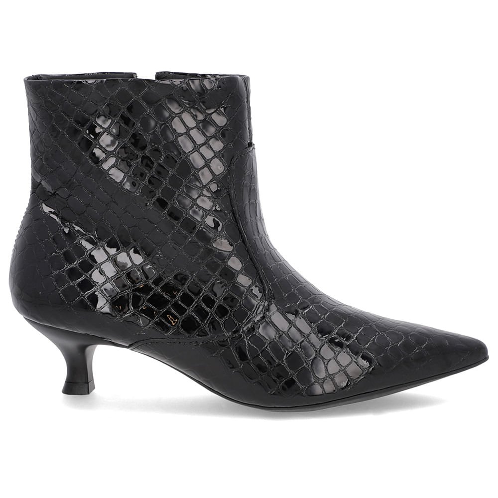 Bota Bico Fino Salto Kitten Preta Verniz Croco