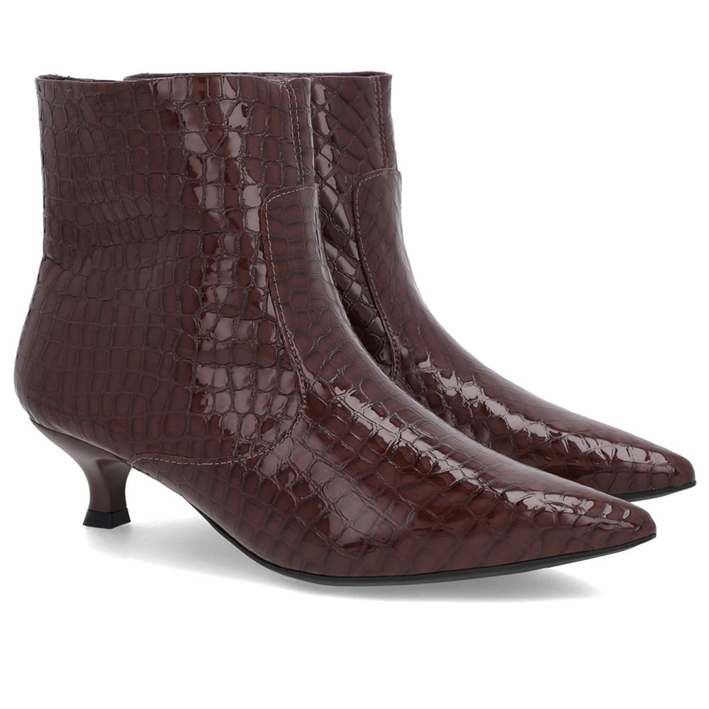 Bota Bico Fino Salto Kitten Marrom Verniz Croco Marrom 2