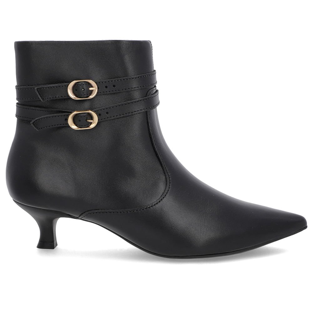 Bota Bico Fino Salto Kitten Preta Couro Tiras
