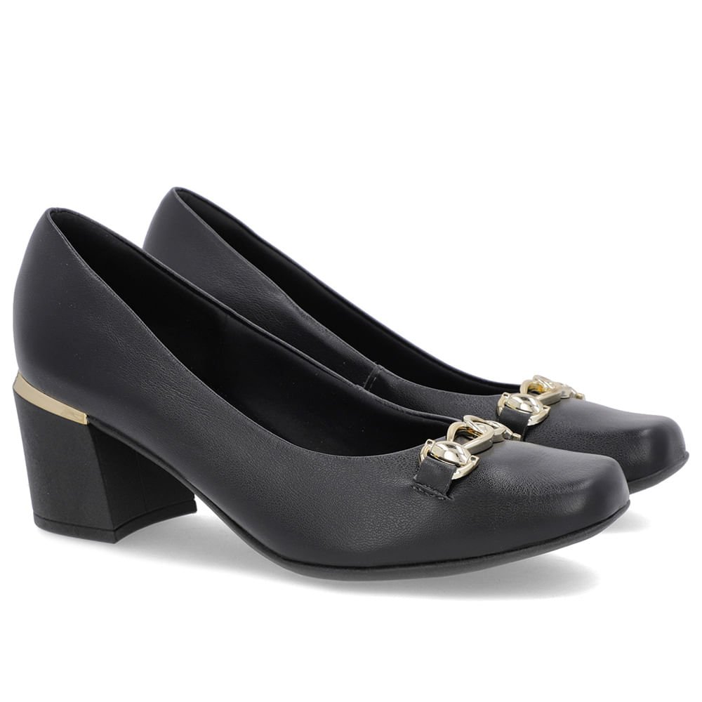 Scarpin Preto Couro Bico Quadrado Detalhe Salto Preto 2