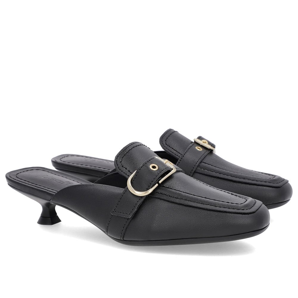 Mule Preta Couro Salto Kitten Fivela Preto 2