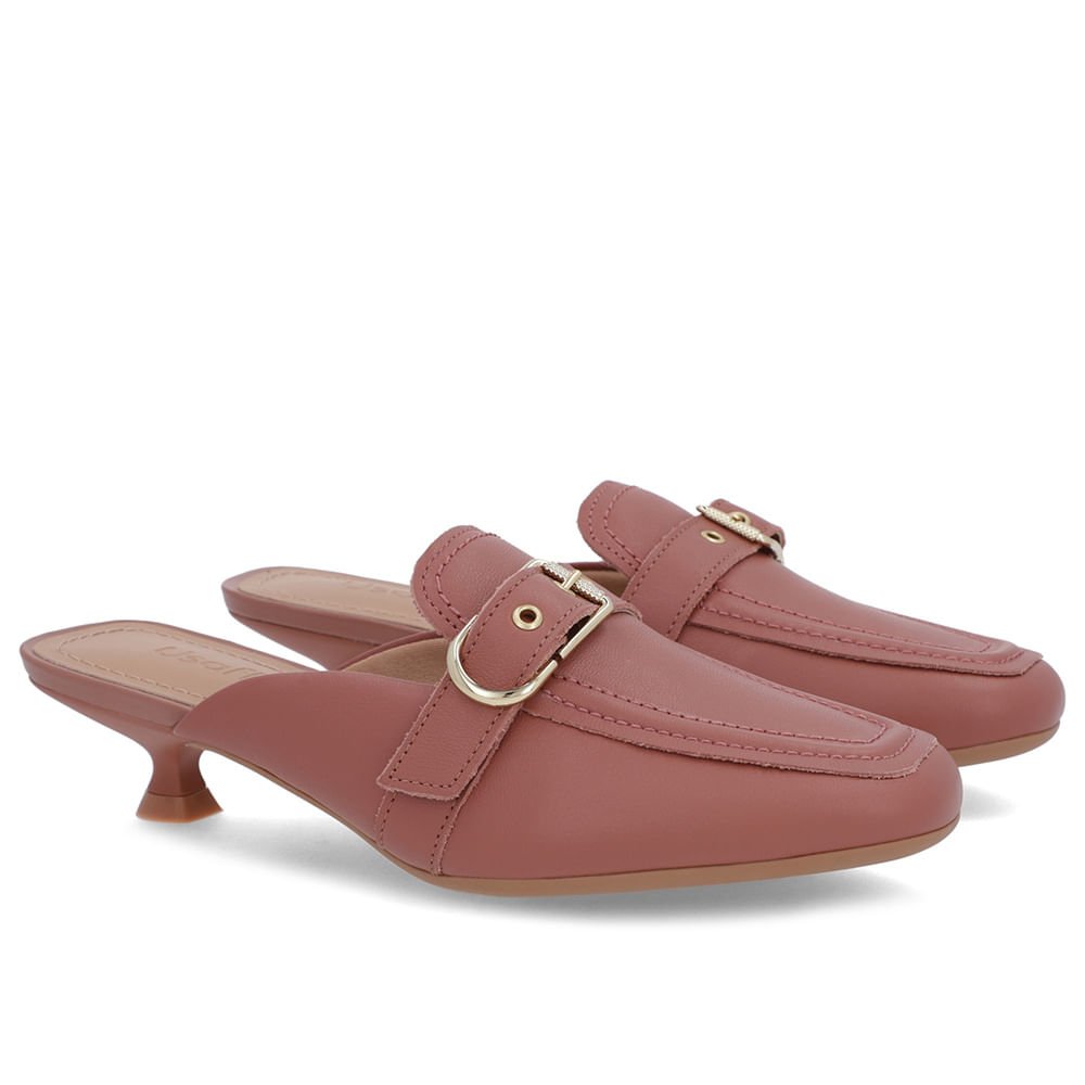 Mule Rosa Couro Salto Kitten Fivela Rosa 2