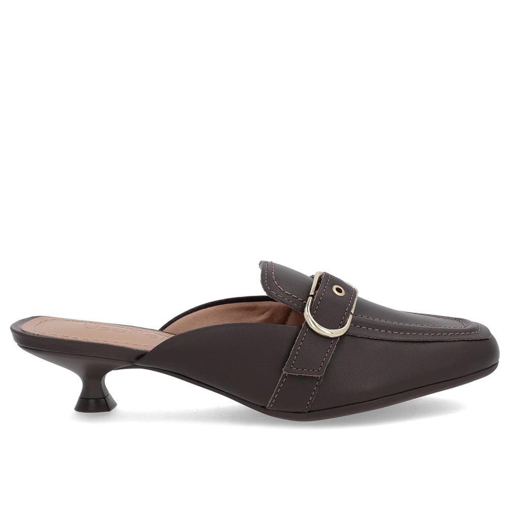 Mule Marrom Couro Salto Kitten Fivela