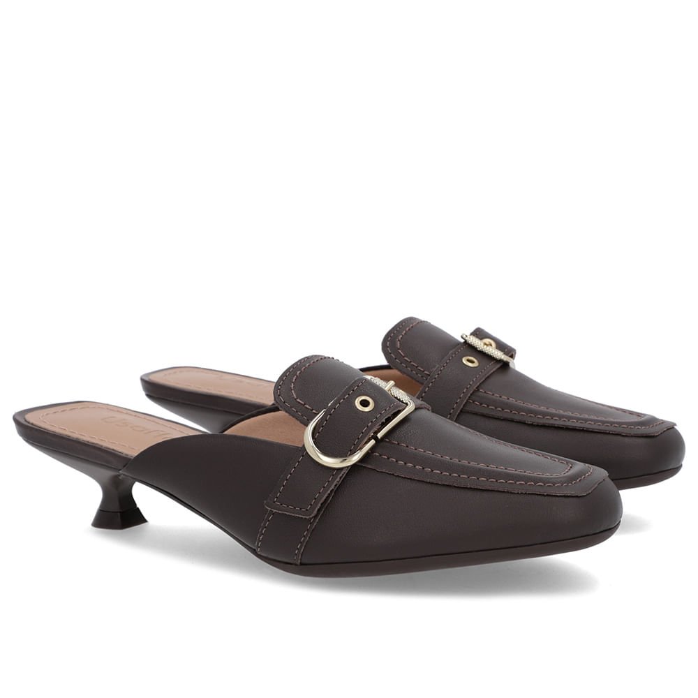 Mule Marrom Couro Salto Kitten Fivela Marrom 2