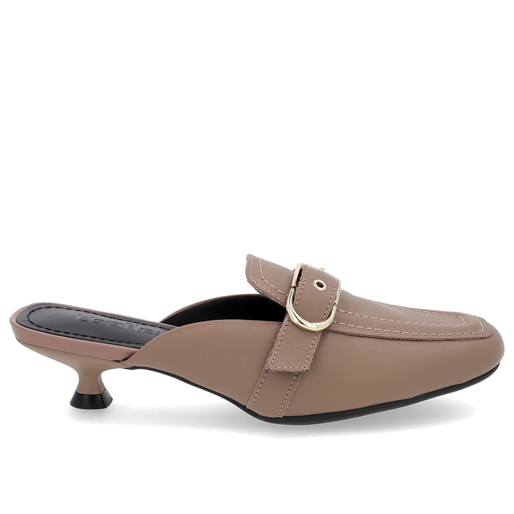 Mule Marrom Claro Couro Salto Kitten Fivela
