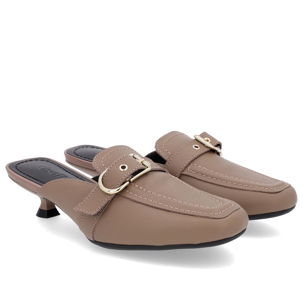 Mule Marrom Claro Couro Salto Kitten Fivela Marrom 2