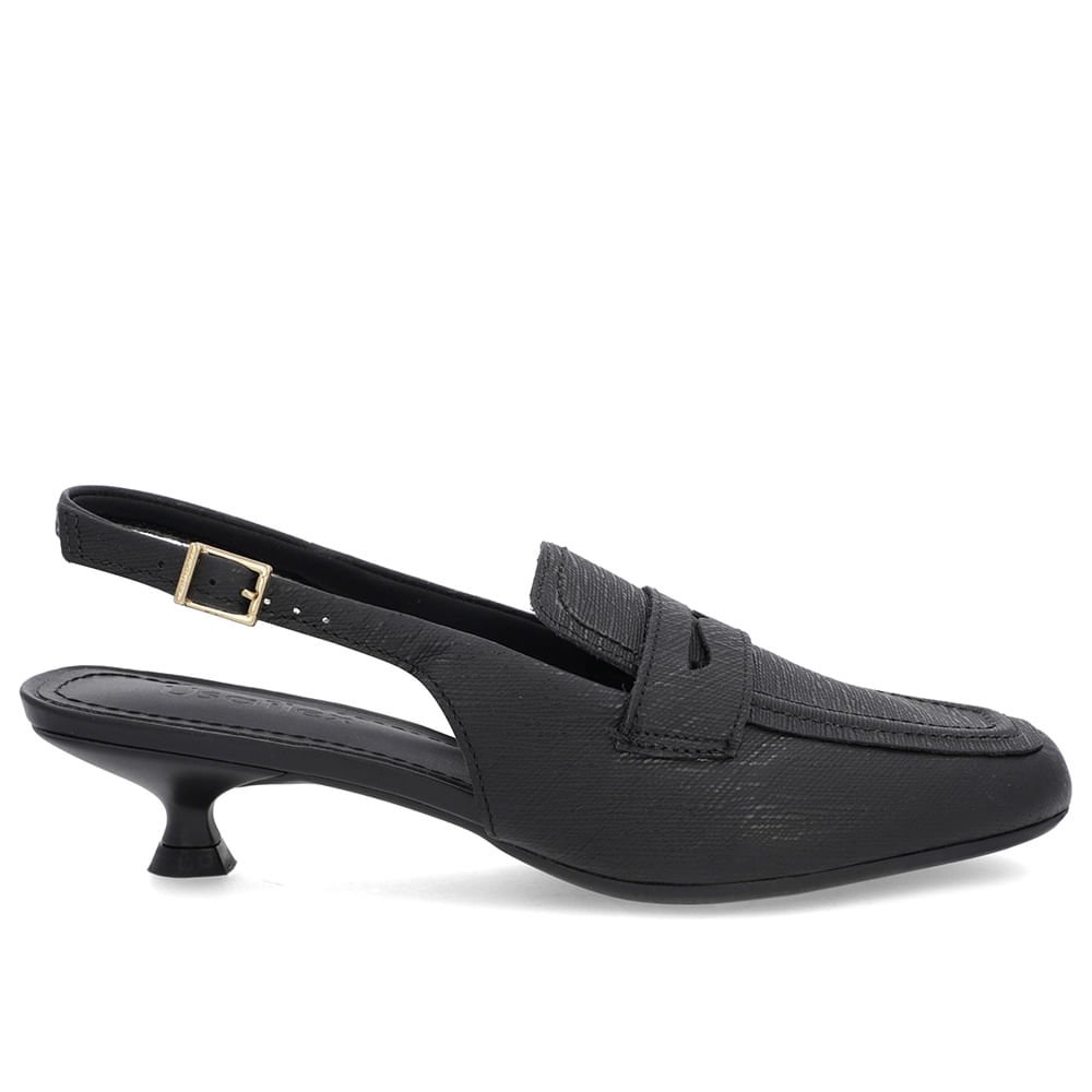 Slingback Preto Tira Calcanhar Couro Textura