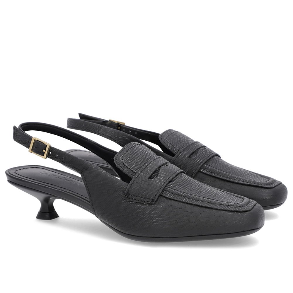 Slingback Preto Tira Calcanhar Couro Textura Preto 2
