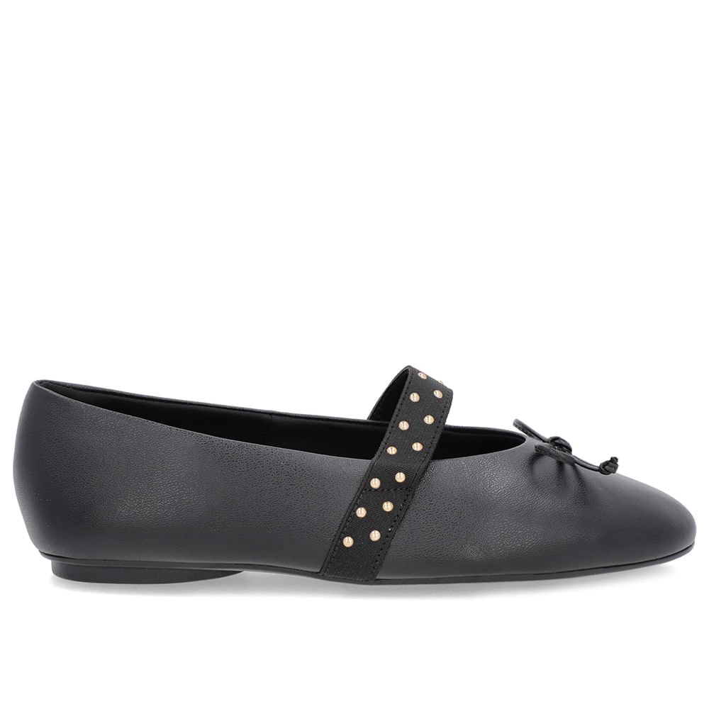 Sapatilha Preta Couro Tira Elástico Rebite