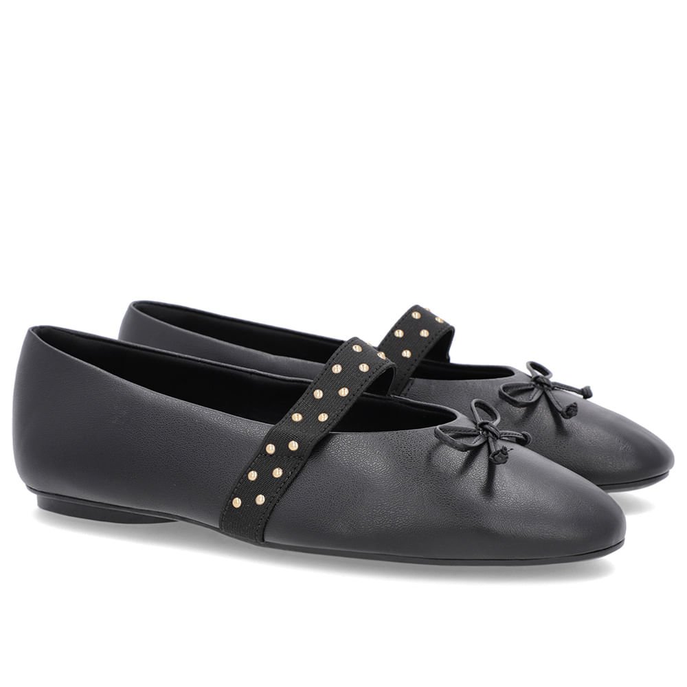 Sapatilha Preta Couro Tira Elástico Rebite Preto 2