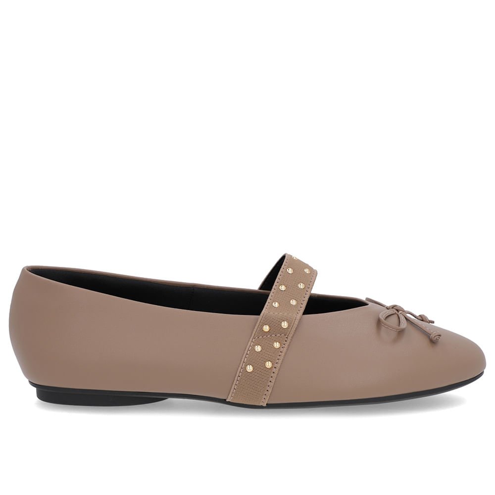 Sapatilha Marrom Couro Tira Elástico Rebite