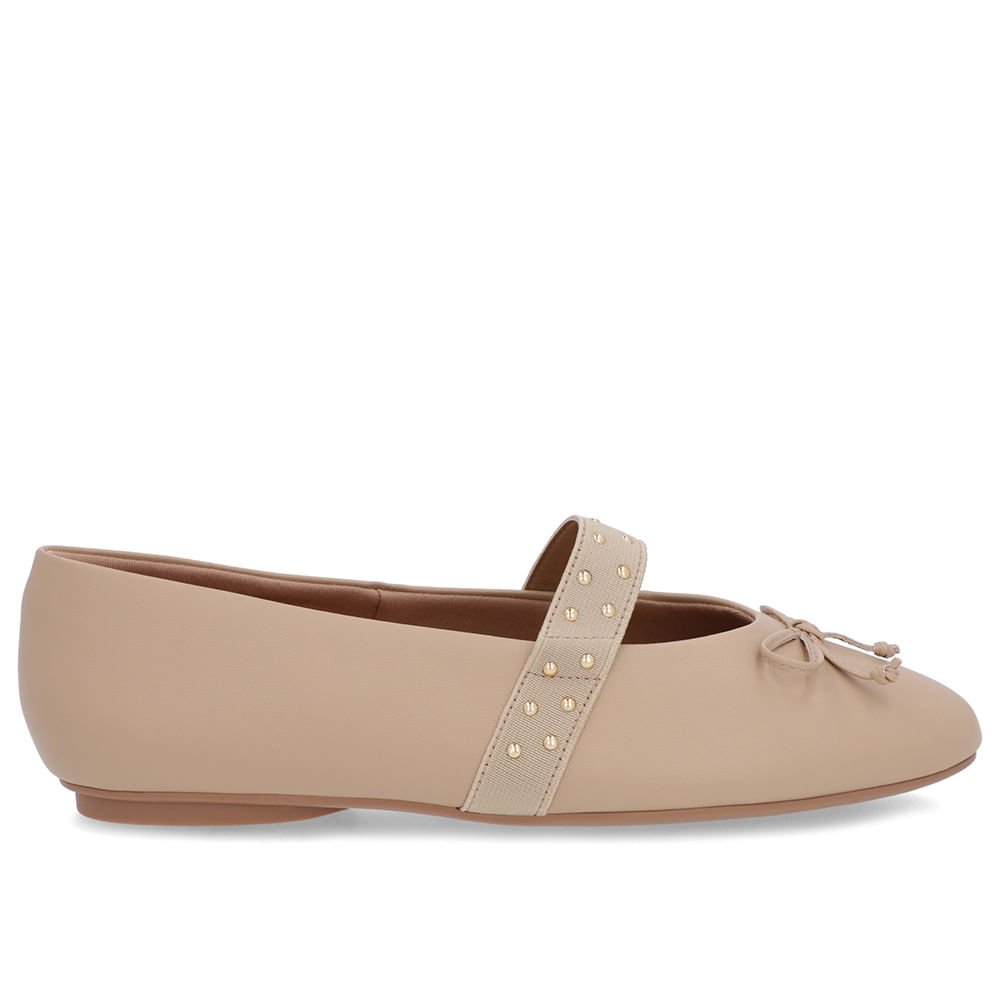 Sapatilha Bege Couro Tira Elástico Rebite