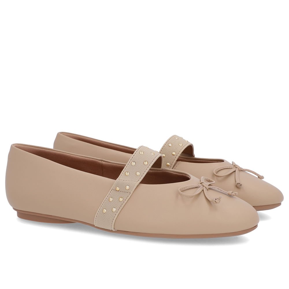 Sapatilha Bege Couro Tira Elástico Rebite Bege 2