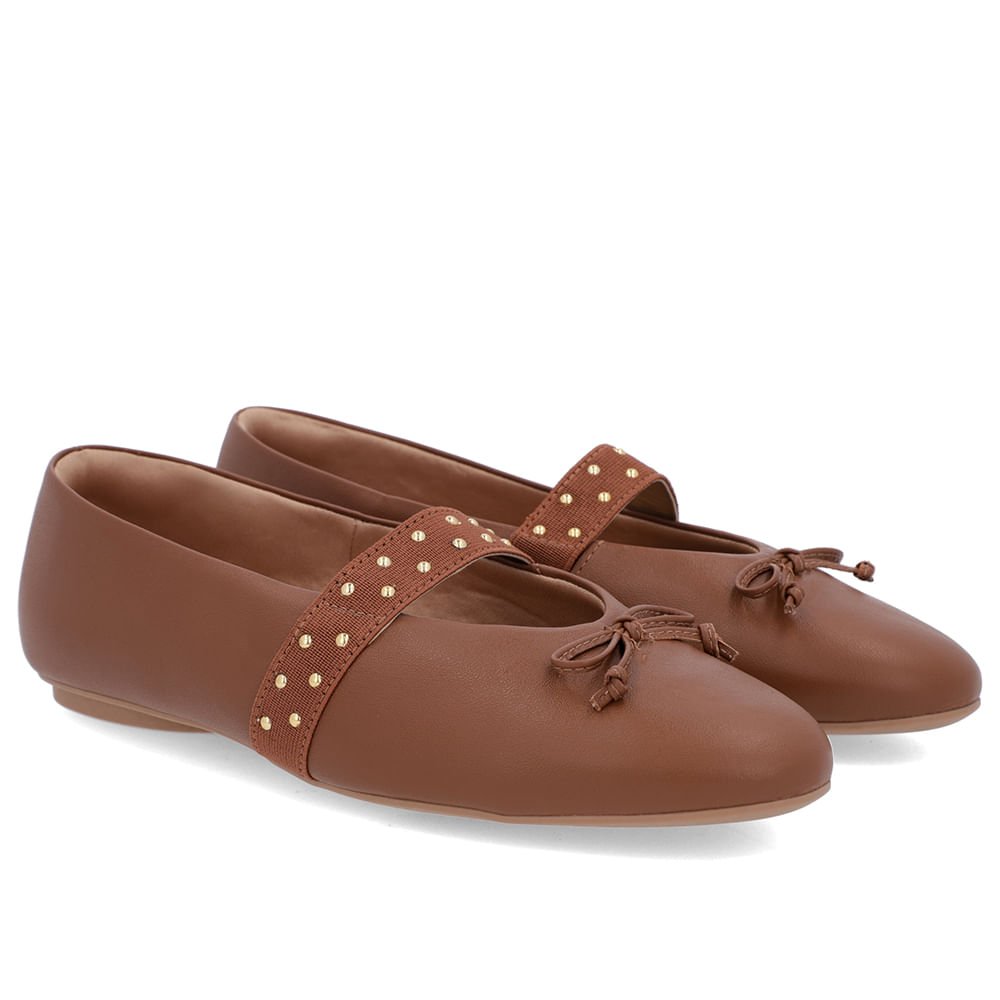 Sapatilha Marrom Couro Tira Elástico Rebite Marrom 2