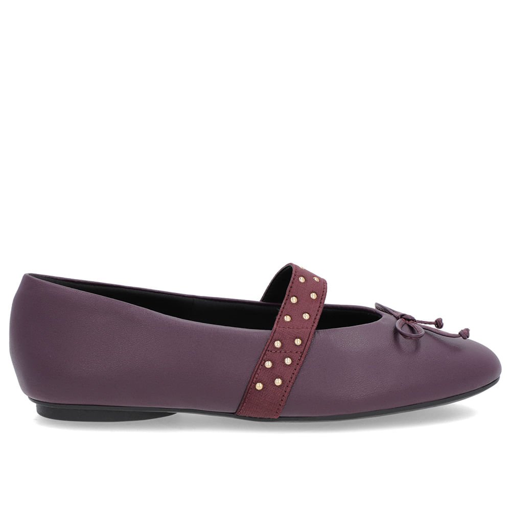 Sapatilha Roxa Couro Tira Elástico Rebite