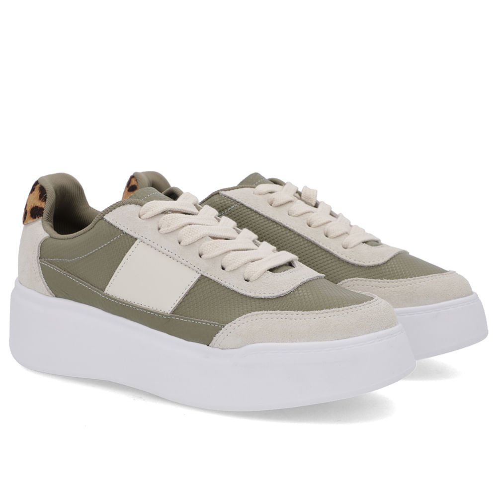 Tênis Verde Couro Sola Alta Detalhe Branco Marfim Branco 2