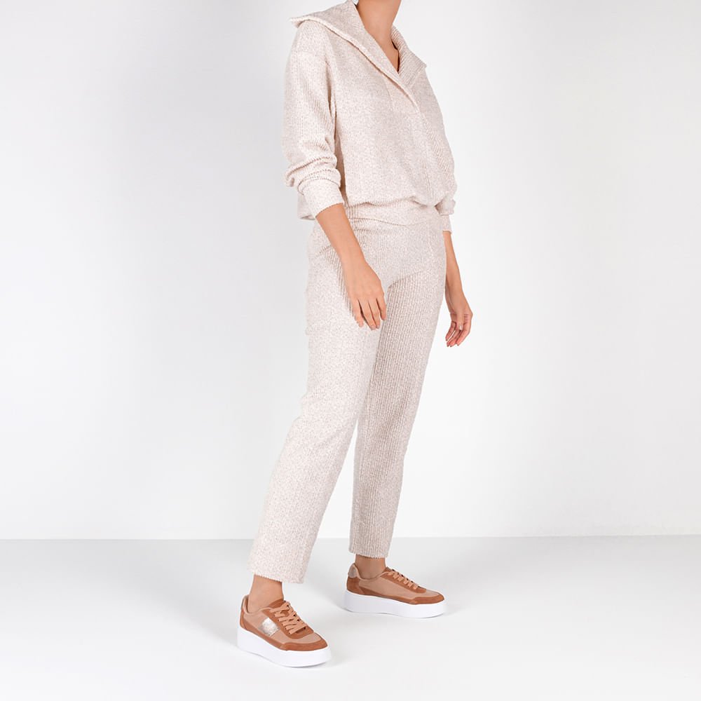 Tênis Bege Couro Sola Alta Detalhe Marrom Marrom 4