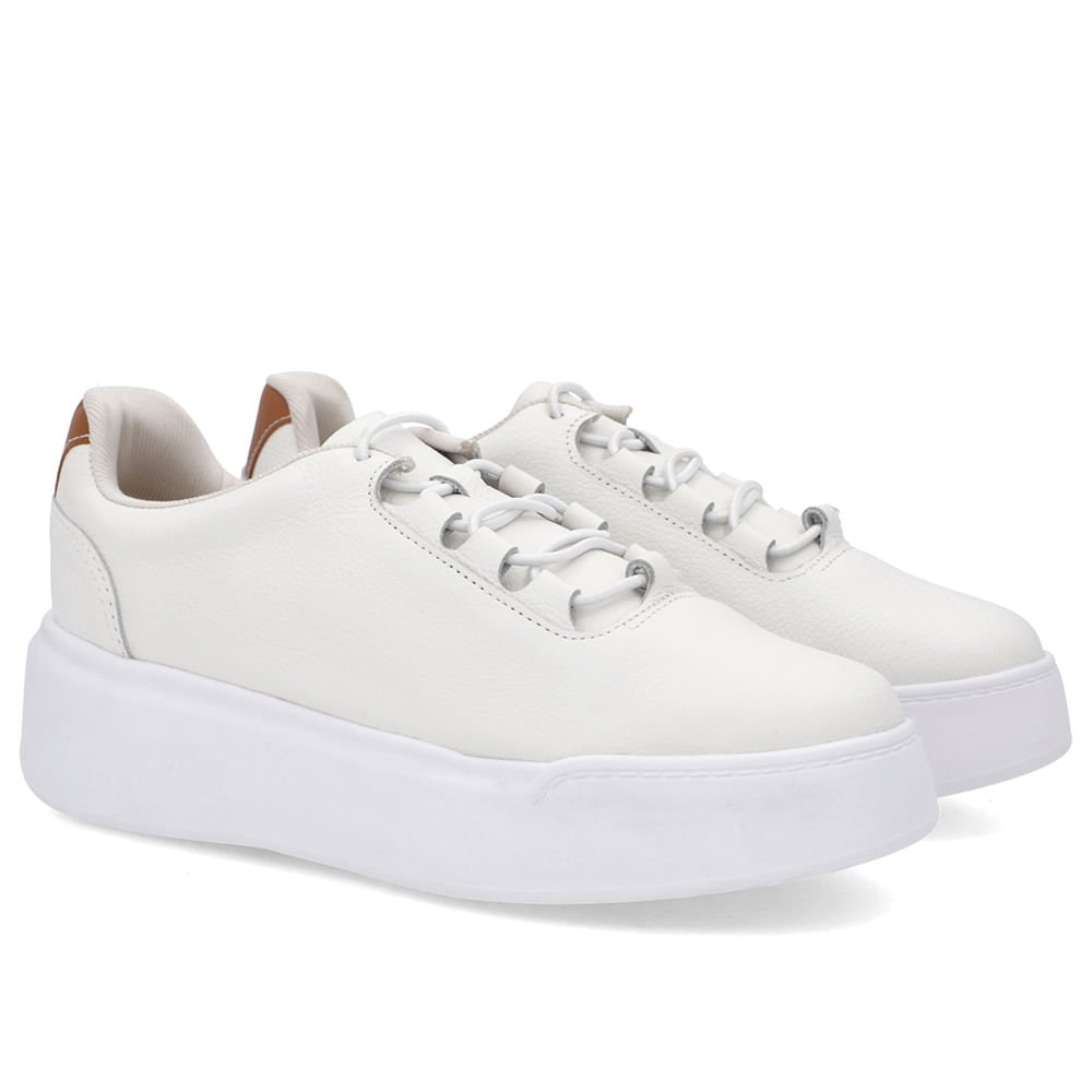 Tênis Branco Couro Sola Alta Cadarço Elástico Branco 2