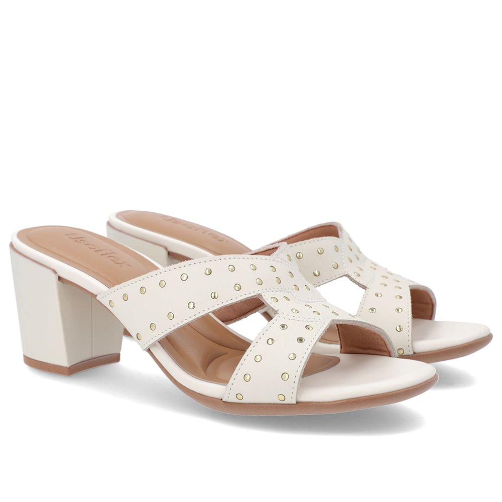 Tamanco Bloco Couro Branco Marfim Rebite Branco 2