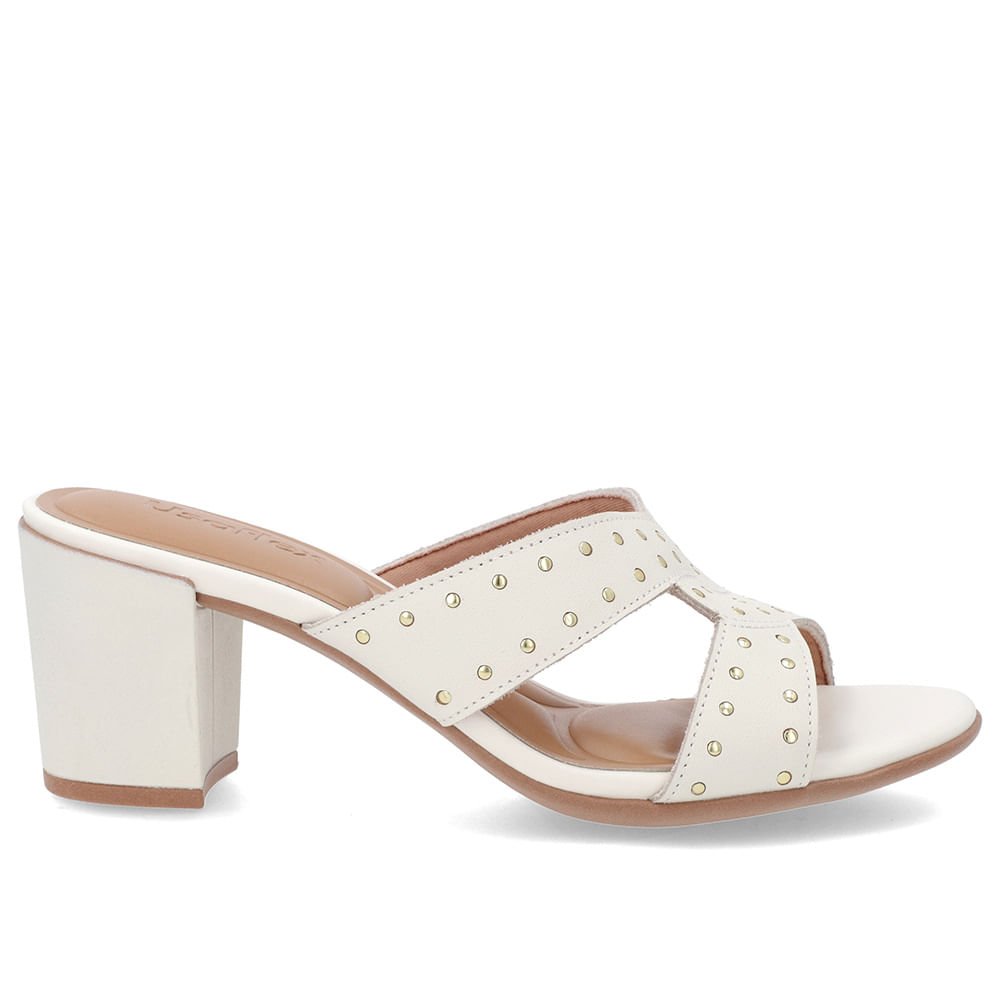 Tamanco Bloco Couro Branco Marfim Rebite