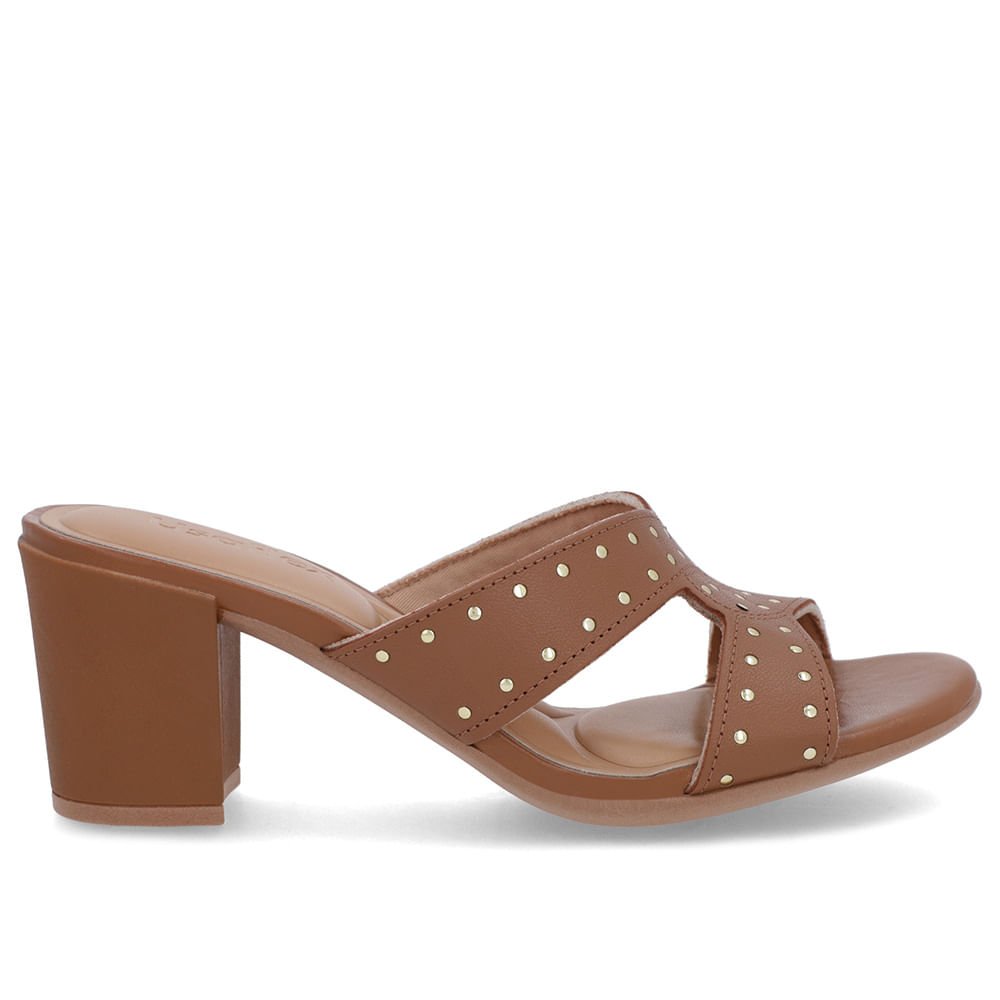 Tamanco Bloco Couro Marrom Rebite