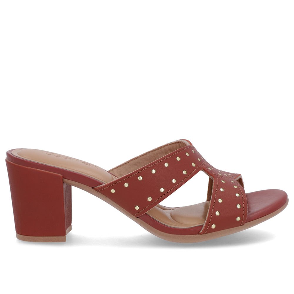 Tamanco Bloco Couro Marrom Rebite