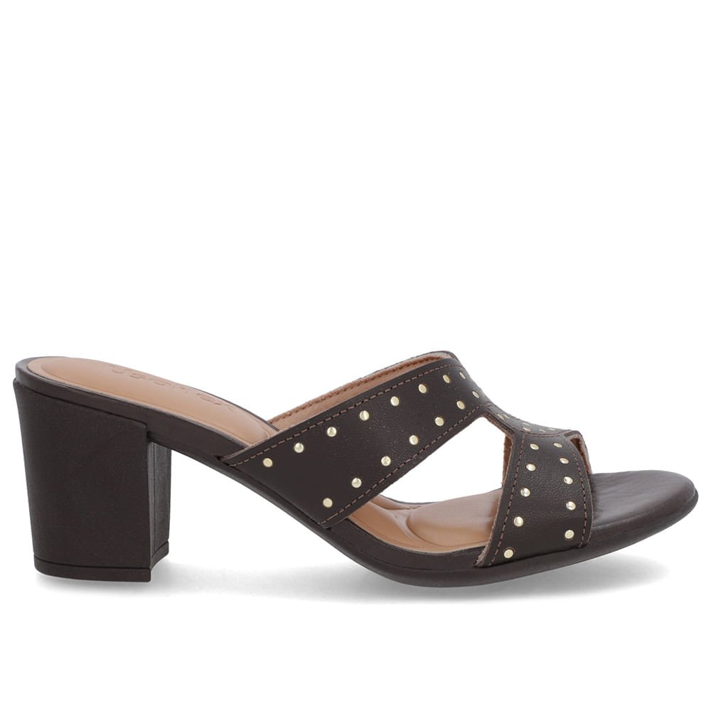 Tamanco Bloco Couro Marrom Rebite