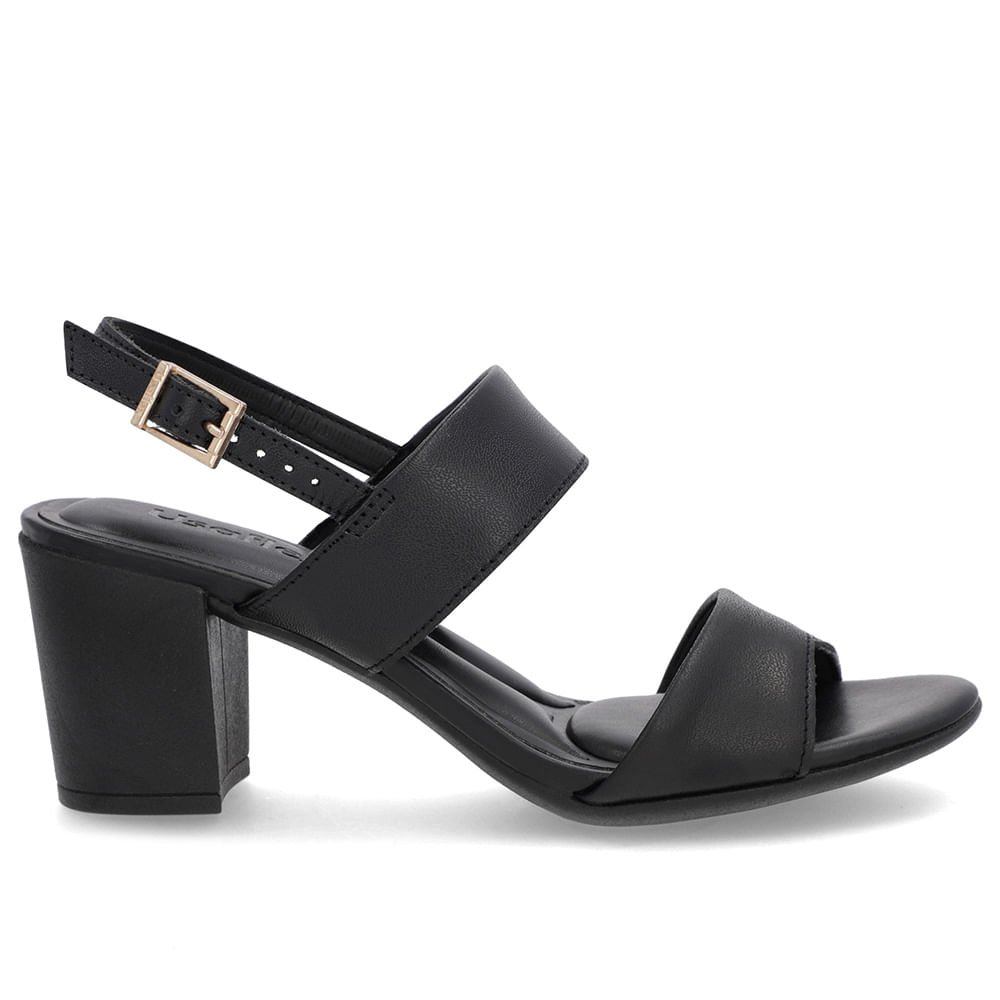 Sandália Couro Preta Tiras Salto Bloco