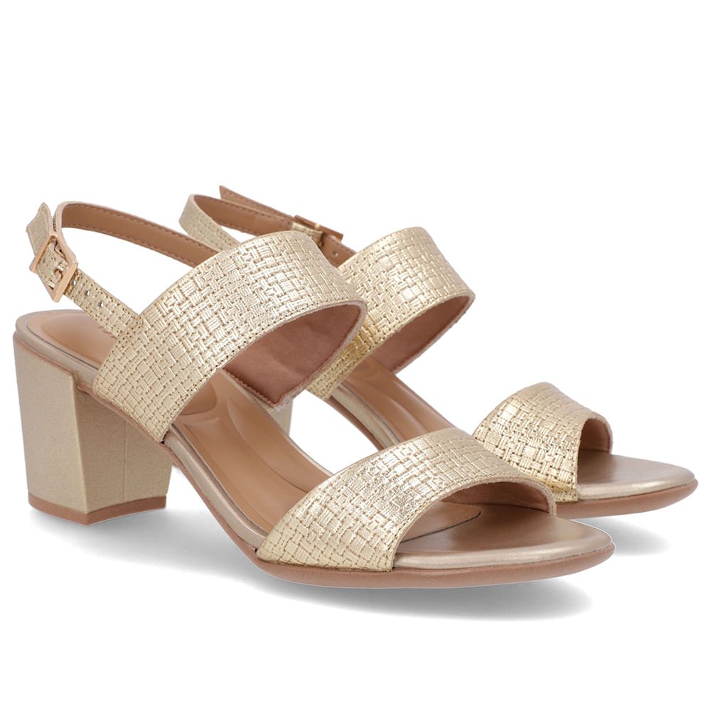 Sandália Couro Dourado Tiras Salto Bloco Dourado 2