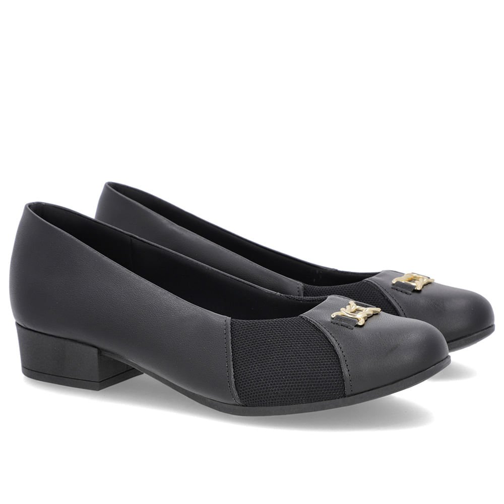 Scarpin Preto Couro Bico Redondo Tecido Lateral Preto 2