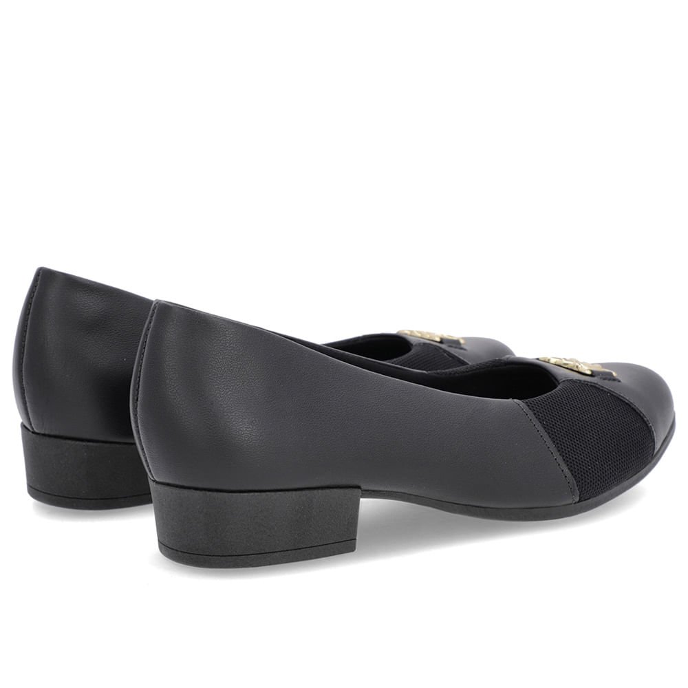 Scarpin Preto Couro Bico Redondo Tecido Lateral Preto 3