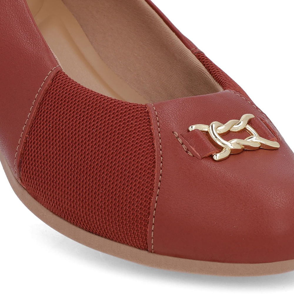 Scarpin Marrom Couro Bico Redondo Tecido Lateral Marrom 4