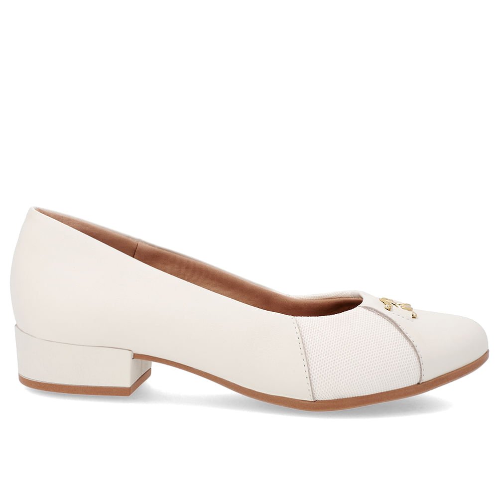 Scarpin Branca Marfim Couro Bico Redondo Tecido Lateral