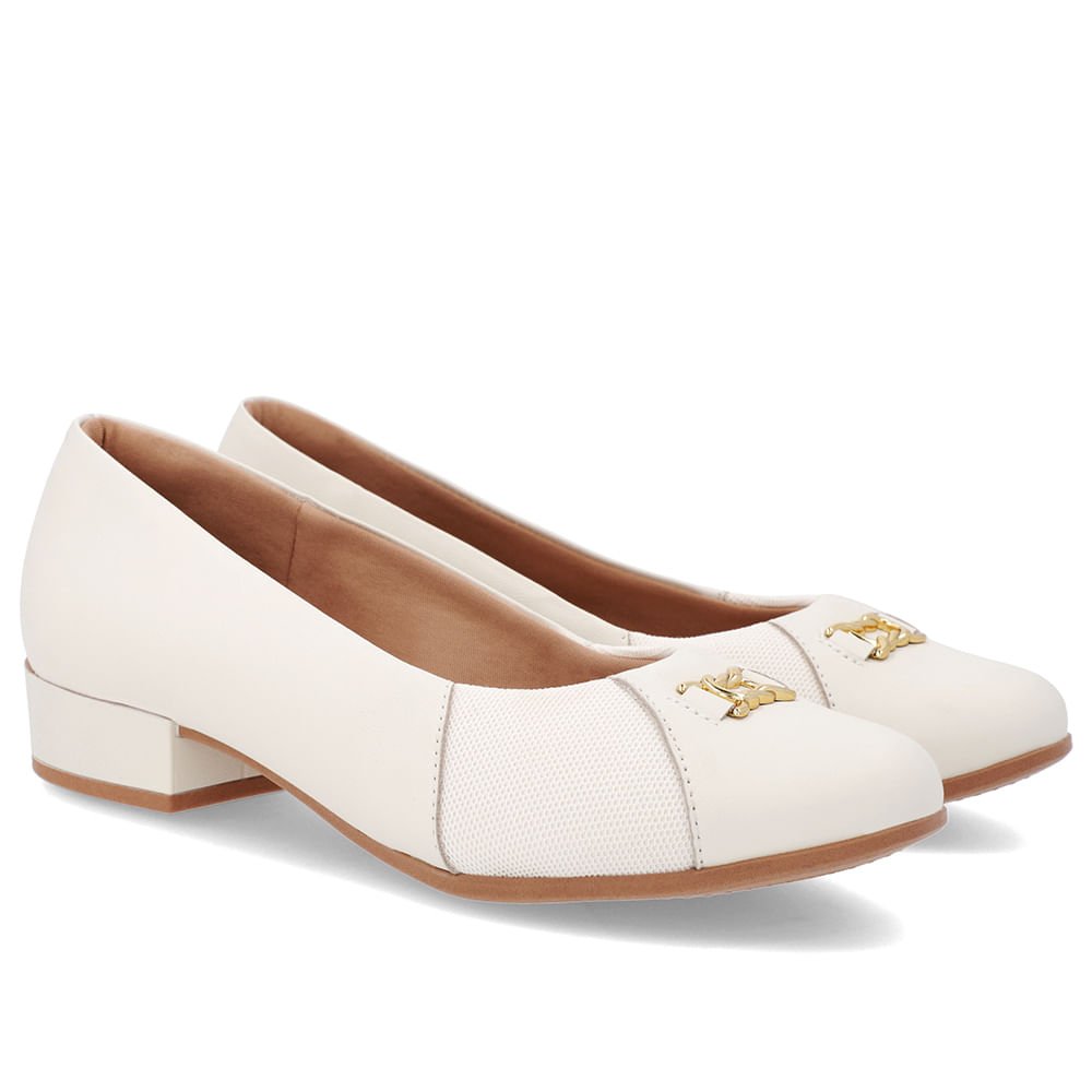 Scarpin Branca Marfim Couro Bico Redondo Tecido Lateral Branco 2