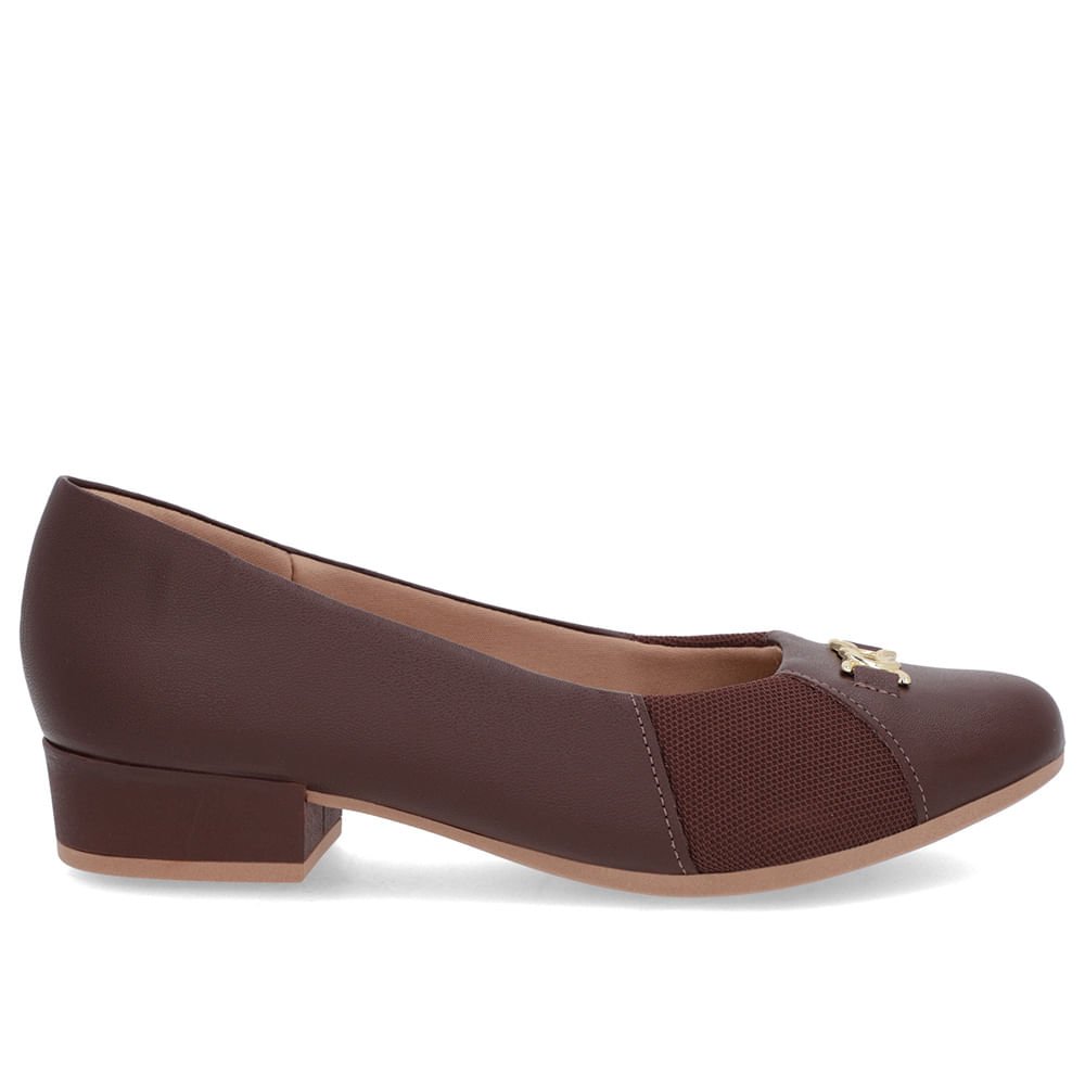 Scarpin Marrom Couro Bico Redondo Tecido Lateral